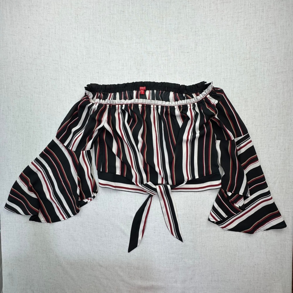 Guess Off The Shoulder Striped Crop Top Women XL Black Maroon Bell Sleeve Tie